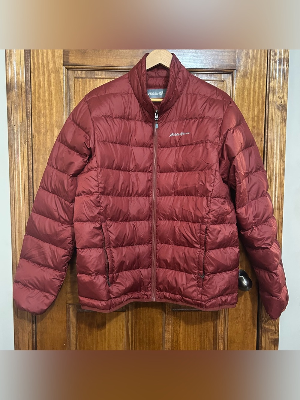 Eddie Bauer Mens Down Puffer Jacket Large Maroon Burgundy Quilted Full Zip